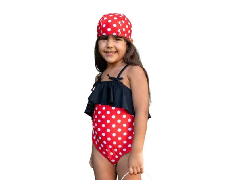 مايوه بناتي قطعتين (مايوة وبونيه )(احمر)