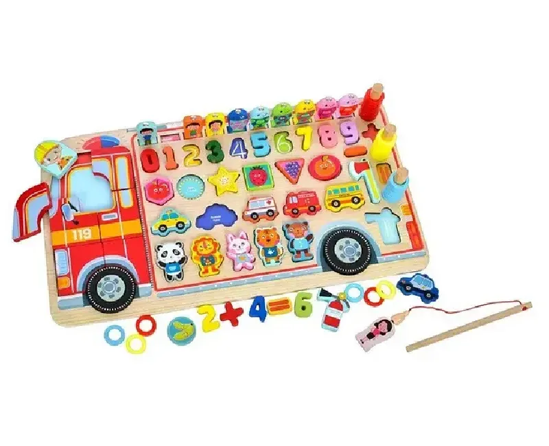 سبورة  مكعبات خشب تعليمية 5 انشطة بشكل سيارة اطفاء
