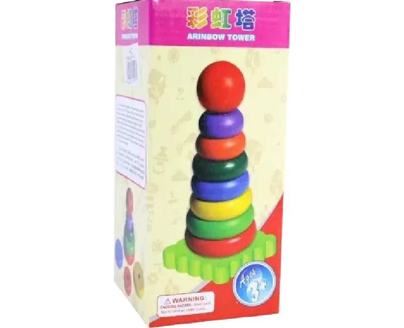 عامود حلقات خشبي بقاعدة خشبية 9 قطع ملونة