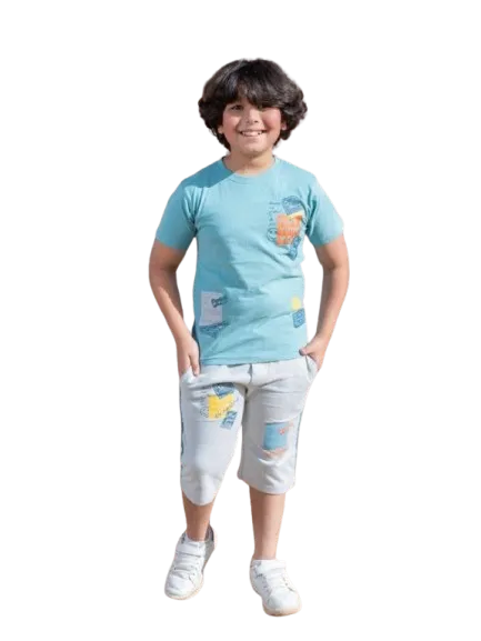 ترنج ولادي قطعتين تي شيرت وبرمودا رمادي في بترولي  صيفي*3