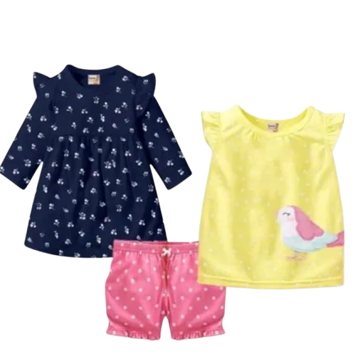 طقم بناتي تلت قطع مكون من فستان وتي شيرت وهوت شورت *6