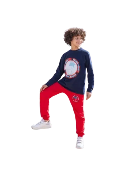 ترنج ولادي قطعتين بنطلون وتي شيرت كحلي في احمر شتوي*7