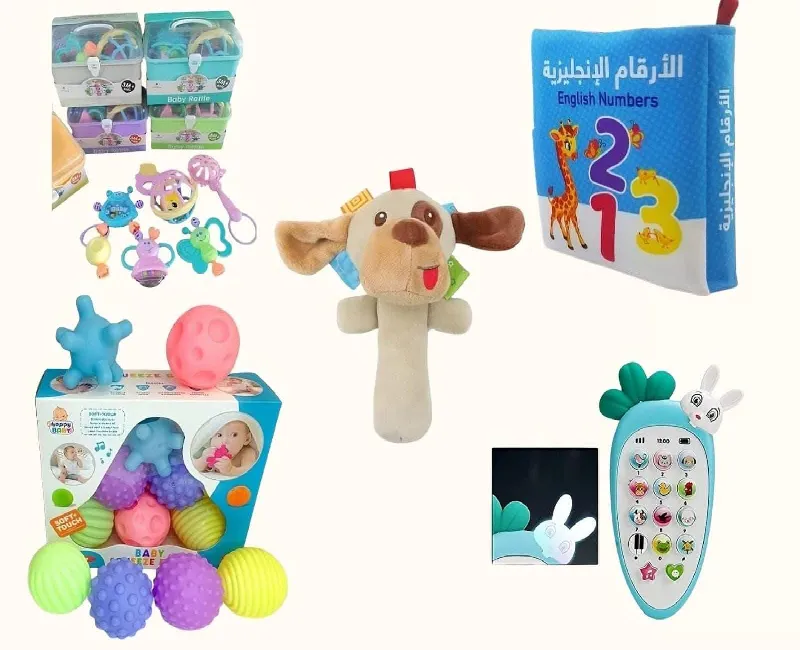 عرض العاب ( بوكس 7 قطع وشخليلة سوفت شكل كلب وموبايل جزرة وكور سيليكون وكتاب سوفت تعليمي )