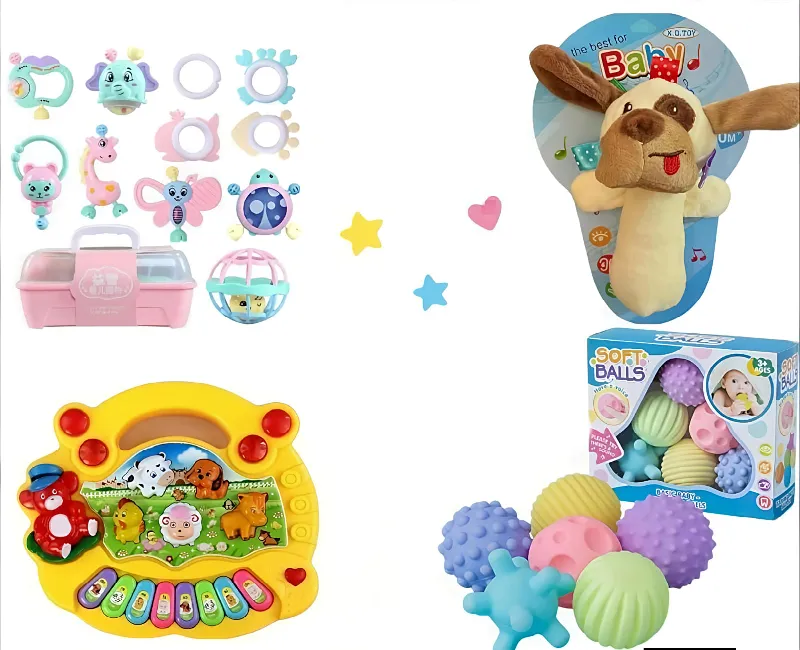 عرض العاب ( بوكس 11 قطعة وشخليلة سوفت شكل الكلب وبيانو حيوانات  علبة كور سيليكون 6 قطع  )