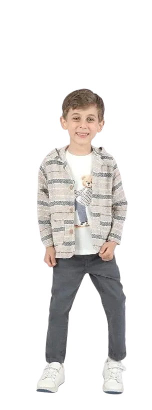 طقم ولادي 3 قطع بنطلون جبردين و كاجت كتان رمادي  وتي شيرت ابيض *70