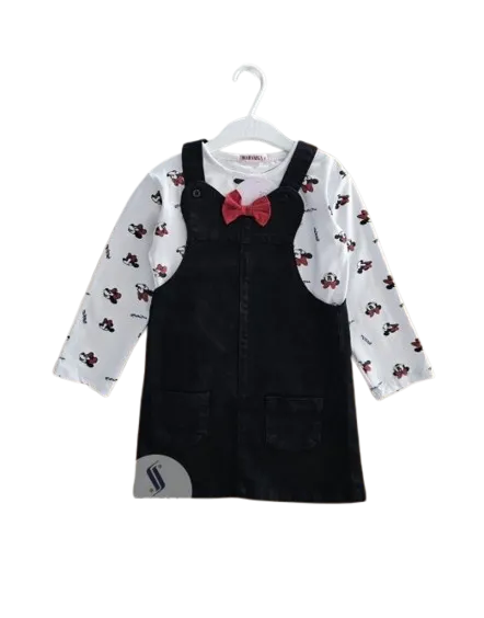 فستان بناتي قطعتين سلوبيت جيب جينز اسود وتي شيرت قطن بكم *51