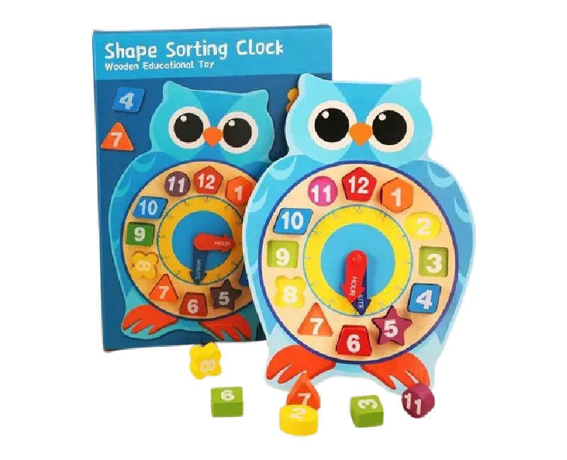 ساعة خشبية لتطايق الاشكال والارقام شكل بومة