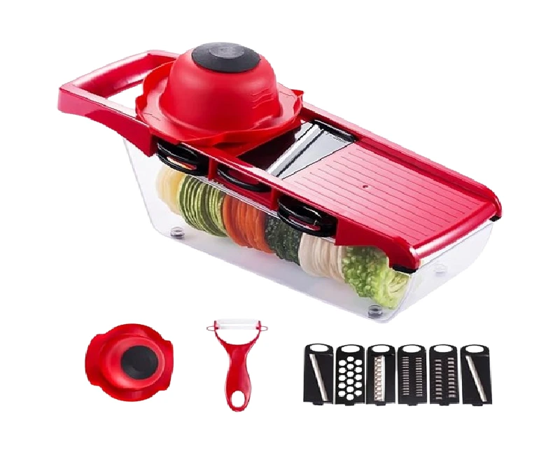 قطاعة خضراوات 6 شفرات قابلة للتبديل مع علبة حفظ طعام ومبشرة